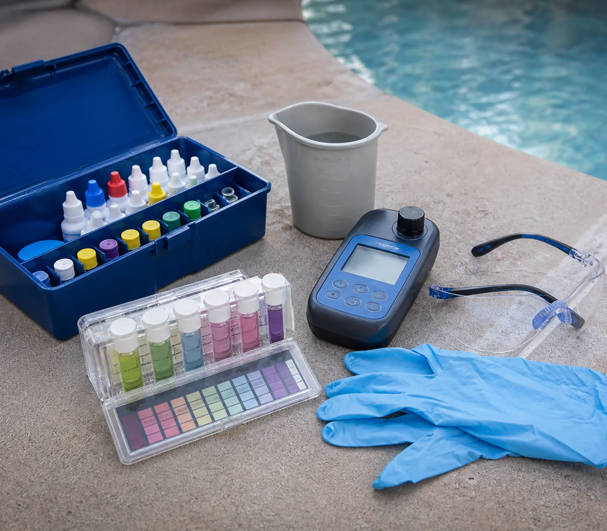 Professional water-testing tools arranged beside a clear swimming pool.