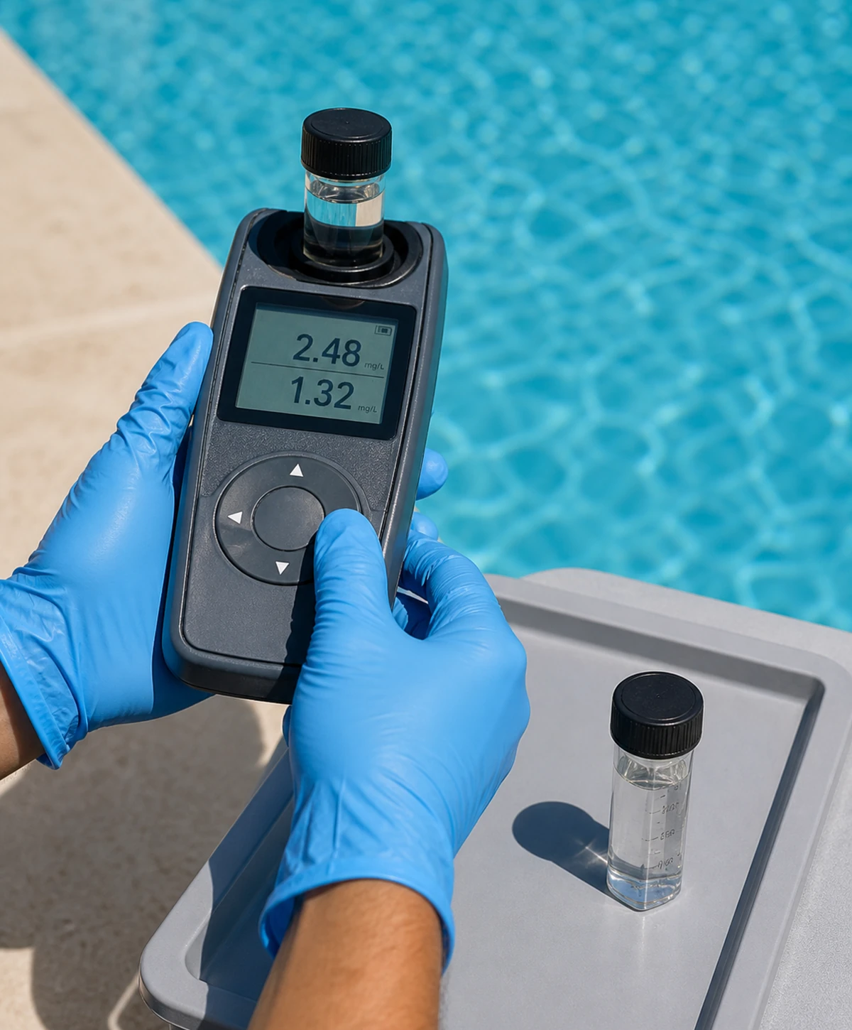 Blue-gloved pool professional using a digital photometer and two clear sample cuvettes beside bright blue pool water.