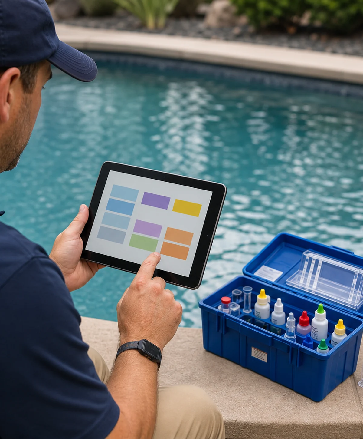 Organized professional pool-care supplies forming the backdrop for weekly service documentation.