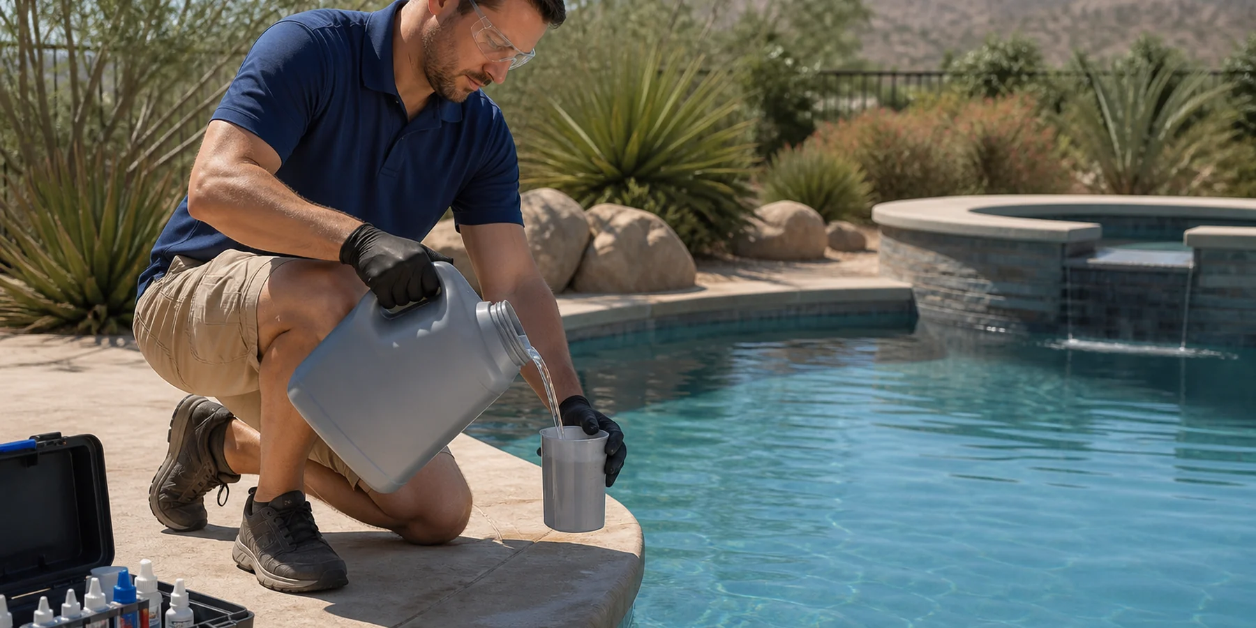 Pool professional making a measured routine water-care addition from a plain gray container.