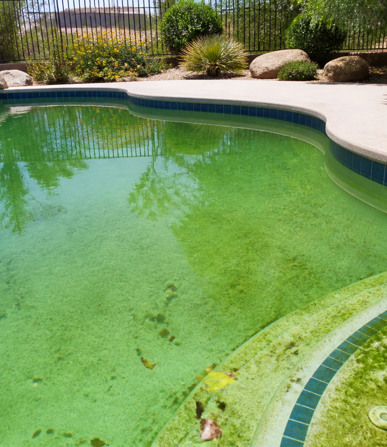 Green pool water and visible algae showing a condition that needs professional assessment.