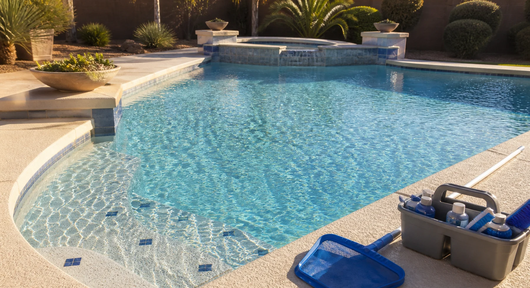 Finished Arizona residential and commercial pool after professional cleaning with clear water, a clean tile line, debris-free surfaces, and desert landscaping.