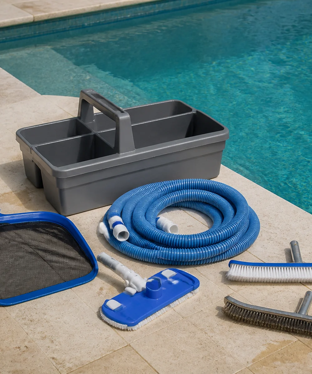 Four-panel pool cleaning tool reference showing a skimmer net in use, a vacuum hose, a tile-line detail, and water-care containers beside a residential and commercial pool.