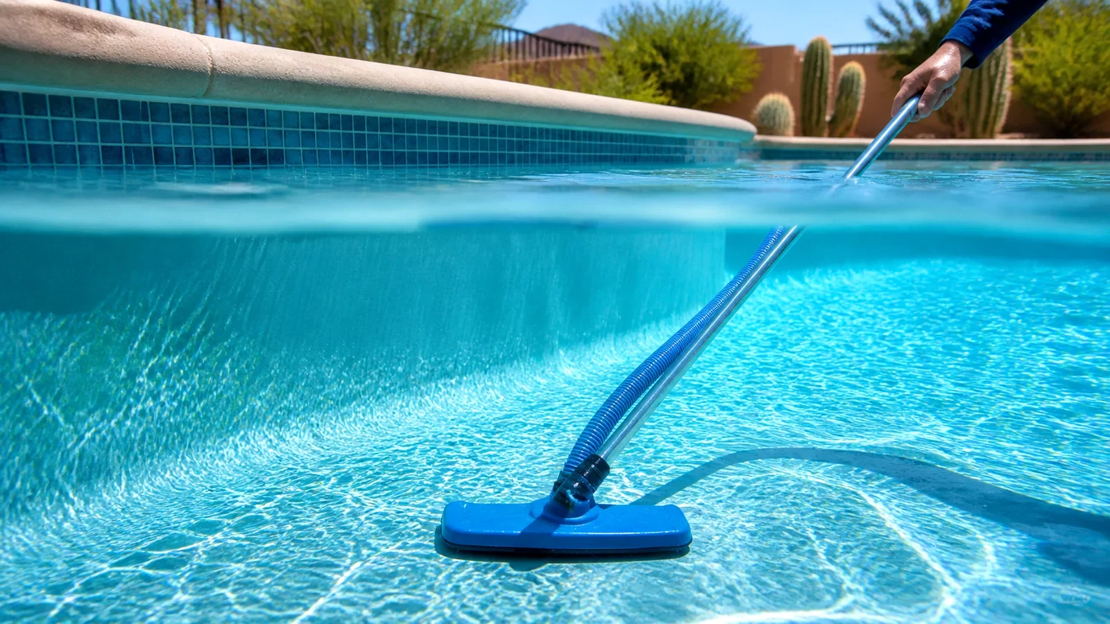 Clear Value Pools technician actively vacuuming an Arizona residential and commercial pool with a long-pole cleaning tool extended across the visible water surface.