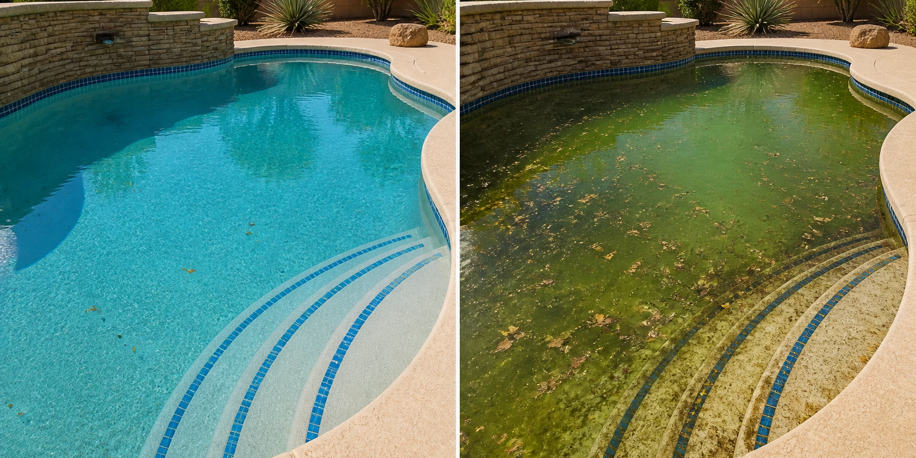 Side-by-side comparison of a maintained clear Arizona pool and the same style of pool with green water, heavy debris, and dirty steps requiring corrective cleaning.