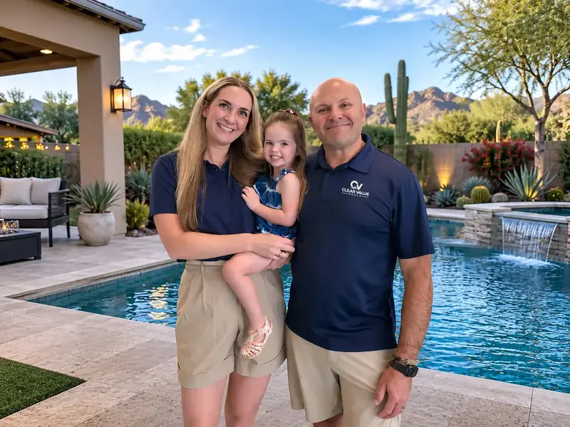 The Clear Value Pools family beside an Arizona swimming pool