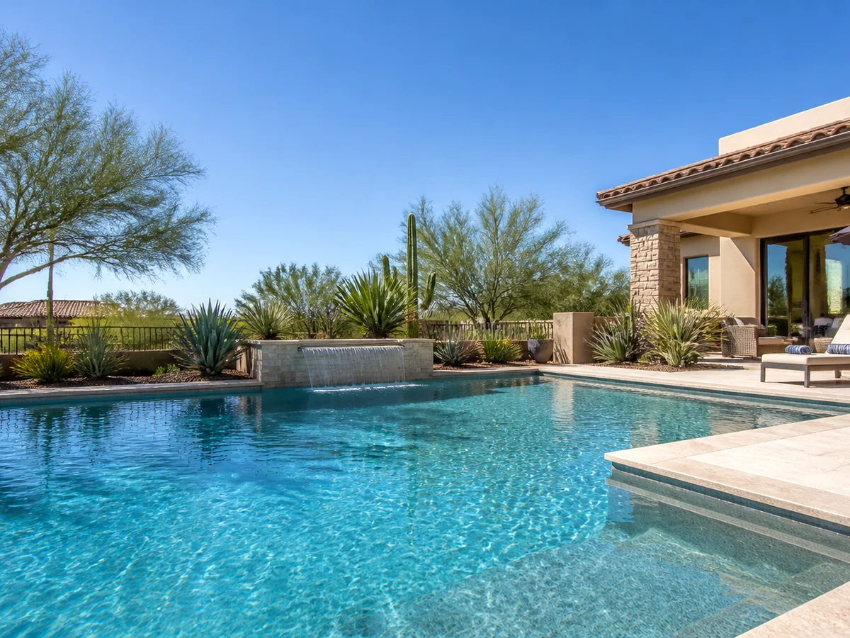 Clear Value Pools technician performing residential and commercial pool service in an Arizona backyard