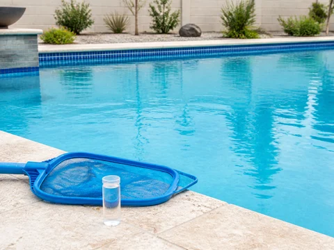 Arizona residential and commercial pool with windblown debris and visible buildup in the water