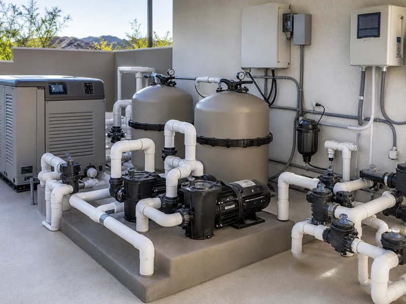 Residential and commercial pool equipment pad with filter, pump, heater, plumbing, and automation controls