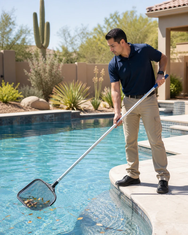 Pool technician skimming windblown leaves from a clean Arizona pool during a weekly visit