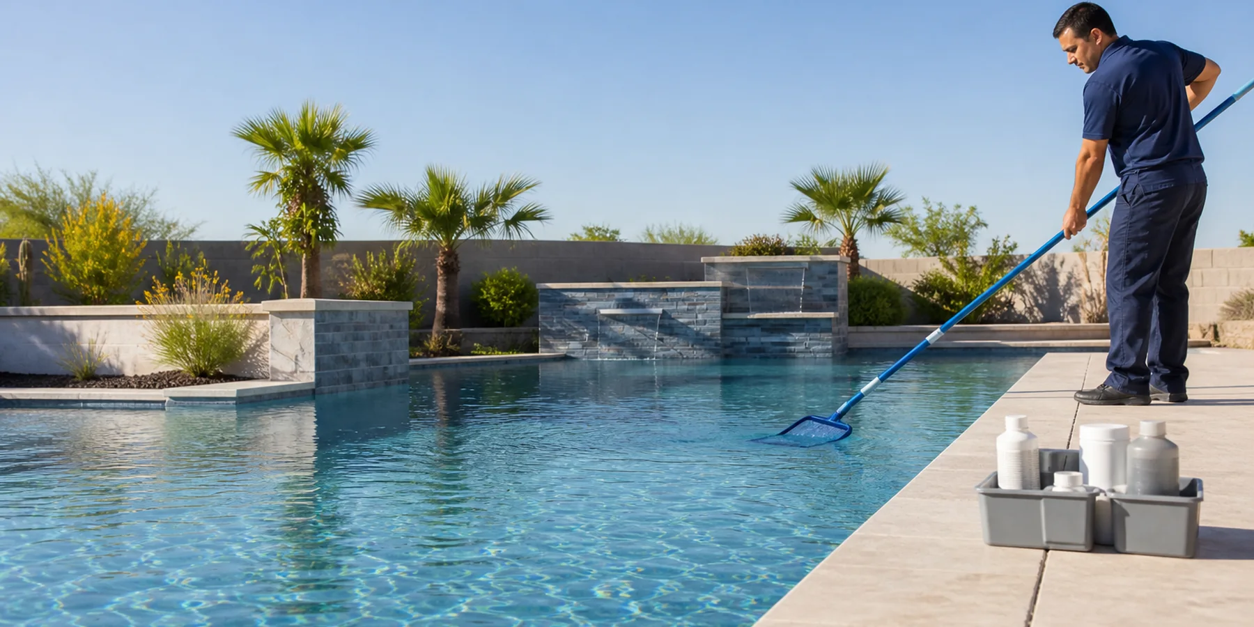 Pool technician using a blue skimmer while maintaining a clear, newly renovated Arizona pool.