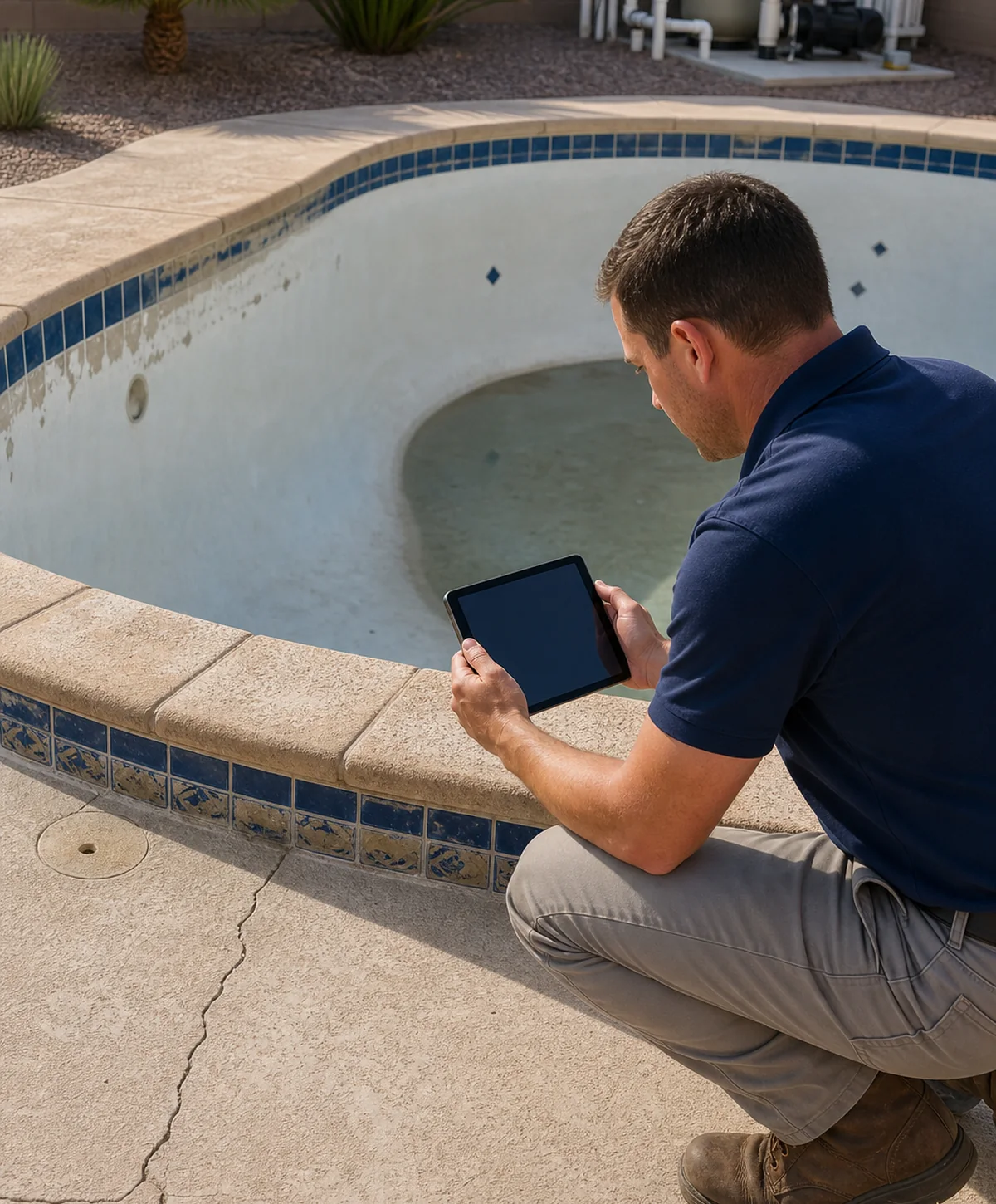 Drained residential and commercial pool with surface and surrounding deck conditions visible for project planning.