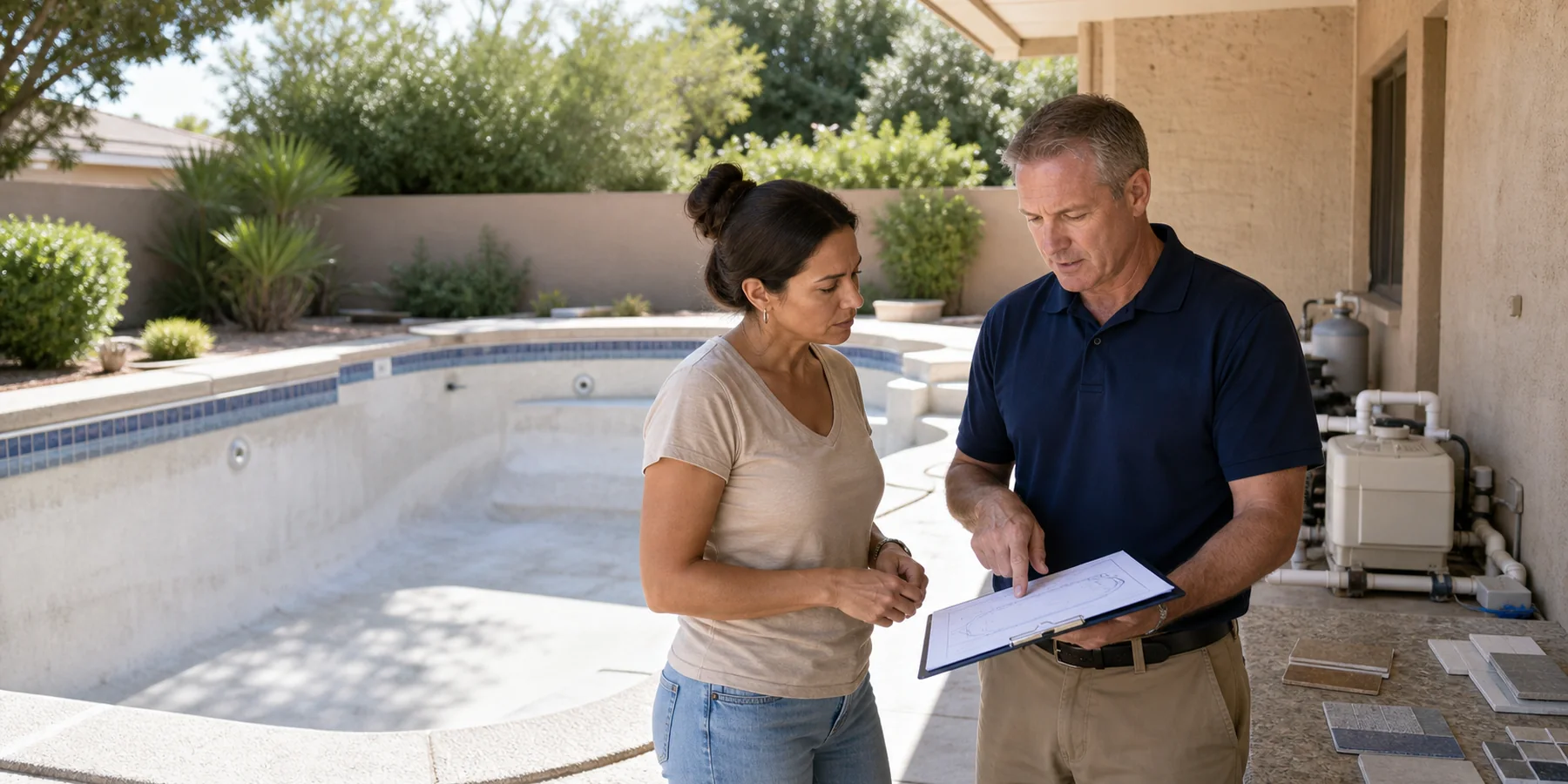 Pool renovation professional reviewing an improvement plan with a customer beside an existing drained pool.