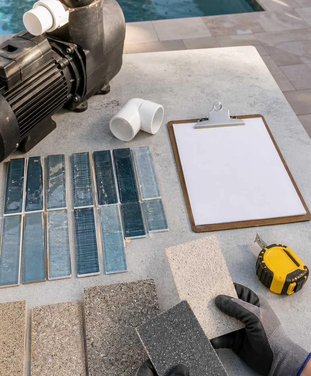 Pool renovation table with tile, finish, plumbing, and equipment samples arranged for project planning.