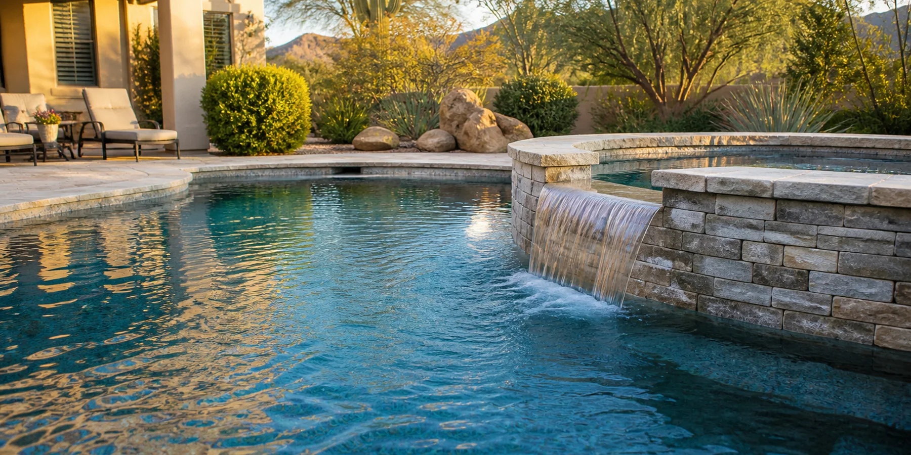 Existing pool with an attached spa and a separate residential and commercial pool with a rock water feature.