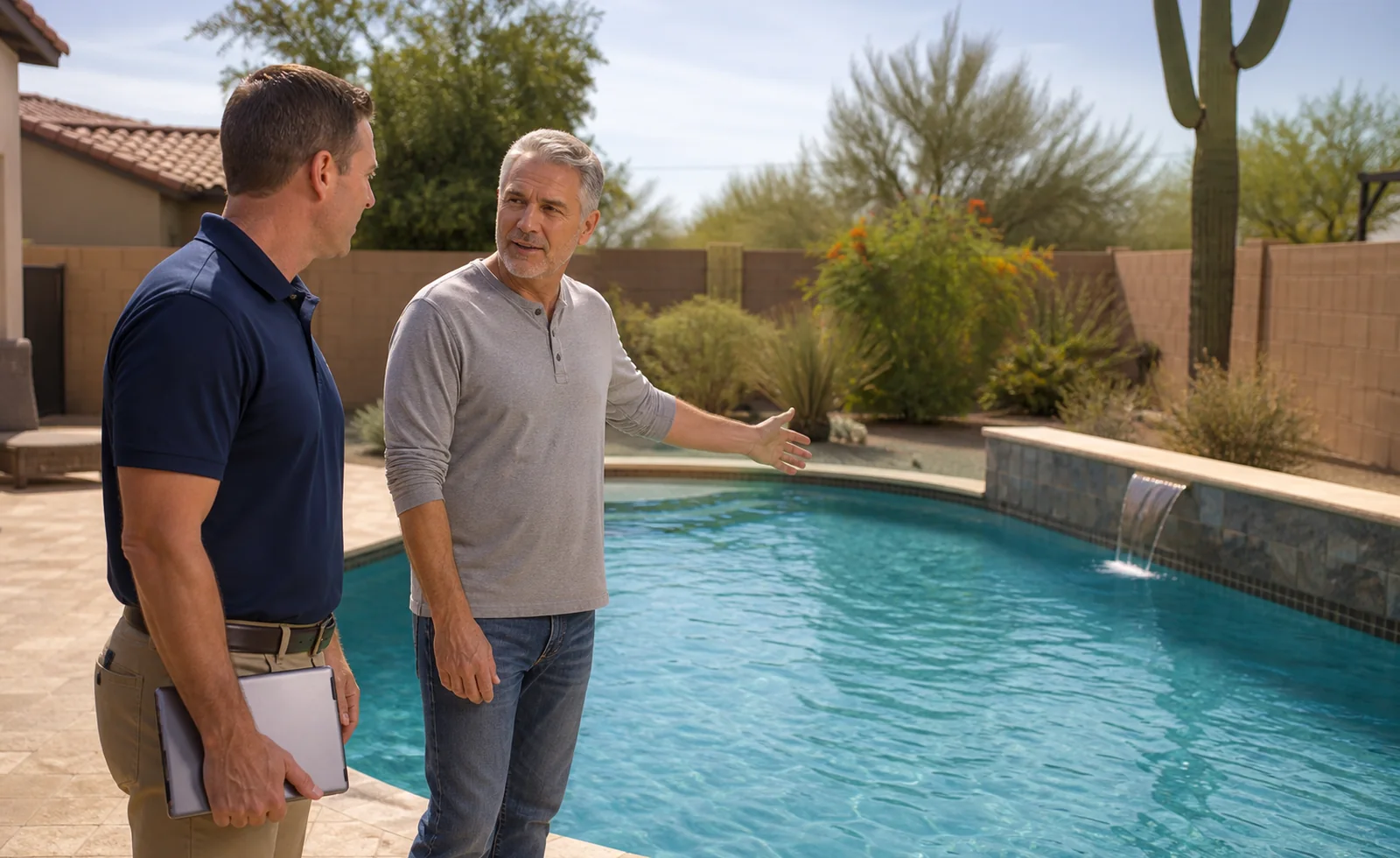 Pool professional discussing an existing Arizona pool directly with a customer at the property.