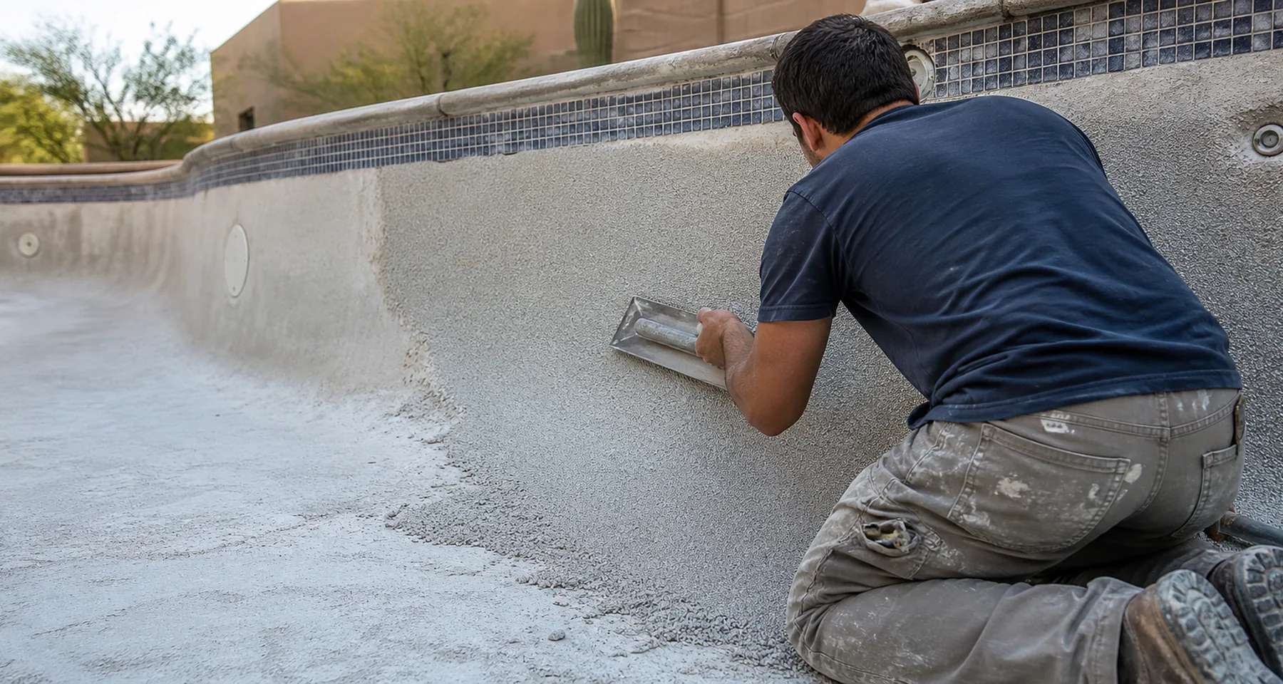 Existing residential and commercial pool drained and prepared for interior resurfacing planning.