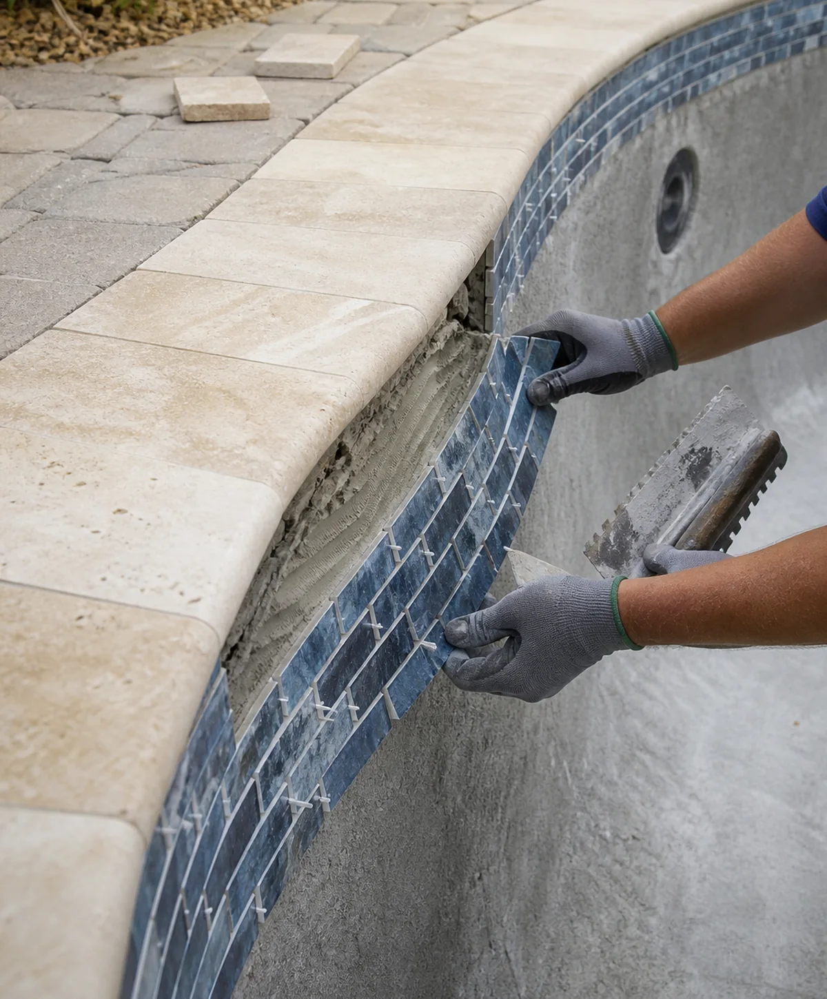 Craftsperson installing blue-gray waterline tile beneath light stone coping on an existing drained pool.