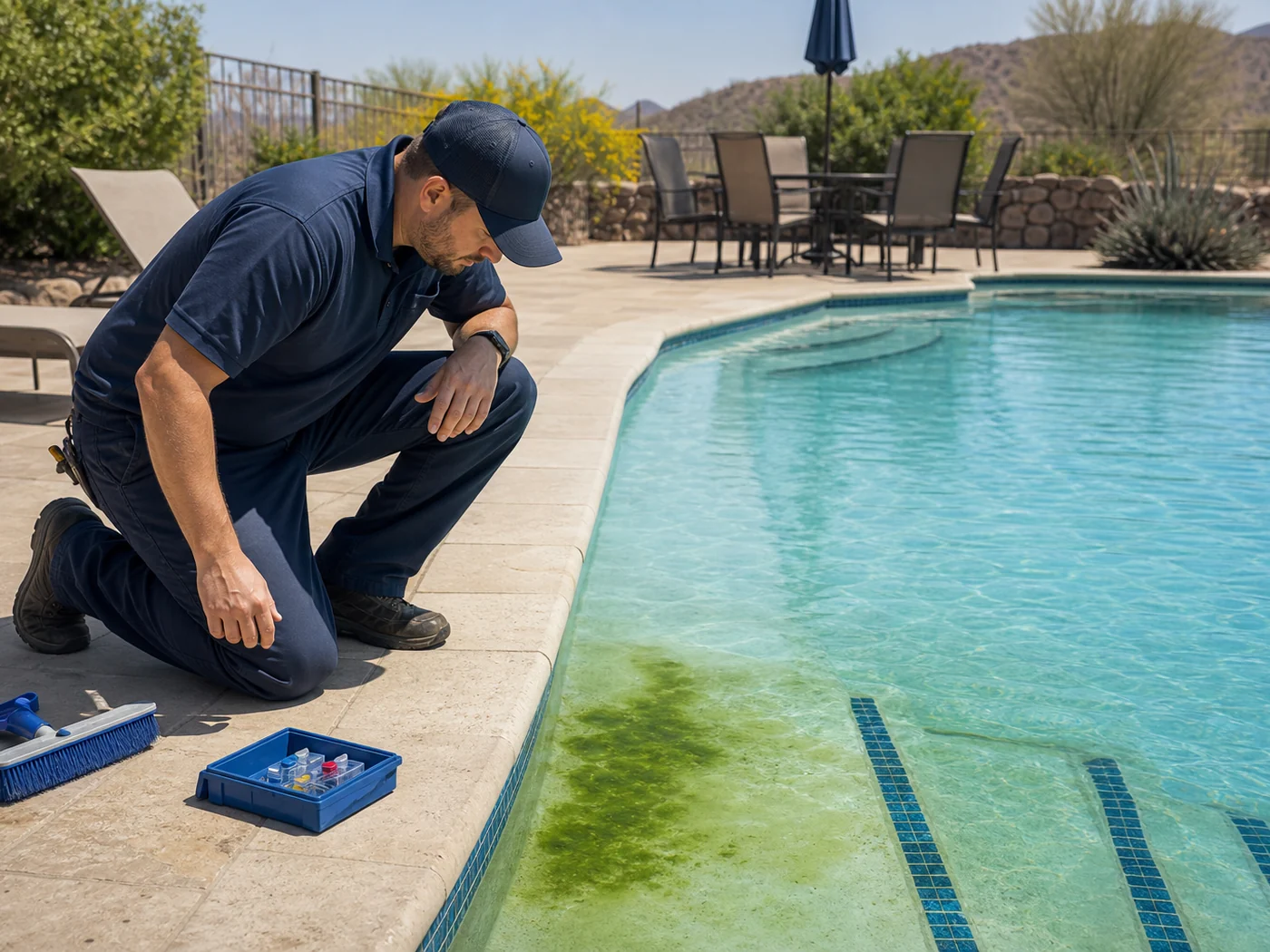 Close-up of a residential and commercial pool filter and connected plumbing observed during recurring maintenance.