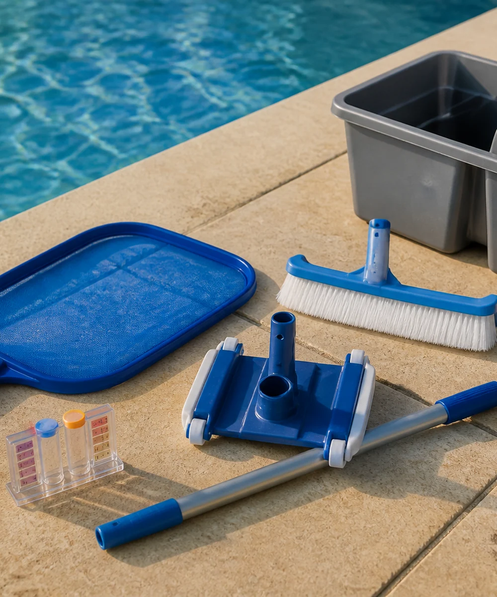 Clear Value Pools technician using a weekly pool-service pole beside an Arizona residential and commercial pool.