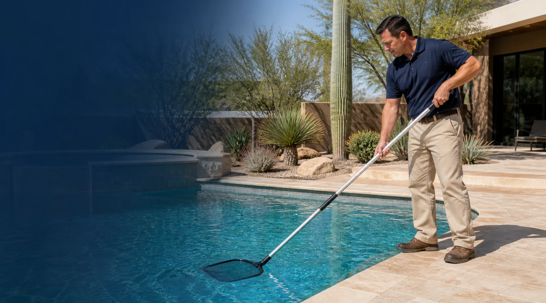 Clear Value Pools technician performing weekly maintenance at an Arizona residential and commercial pool.