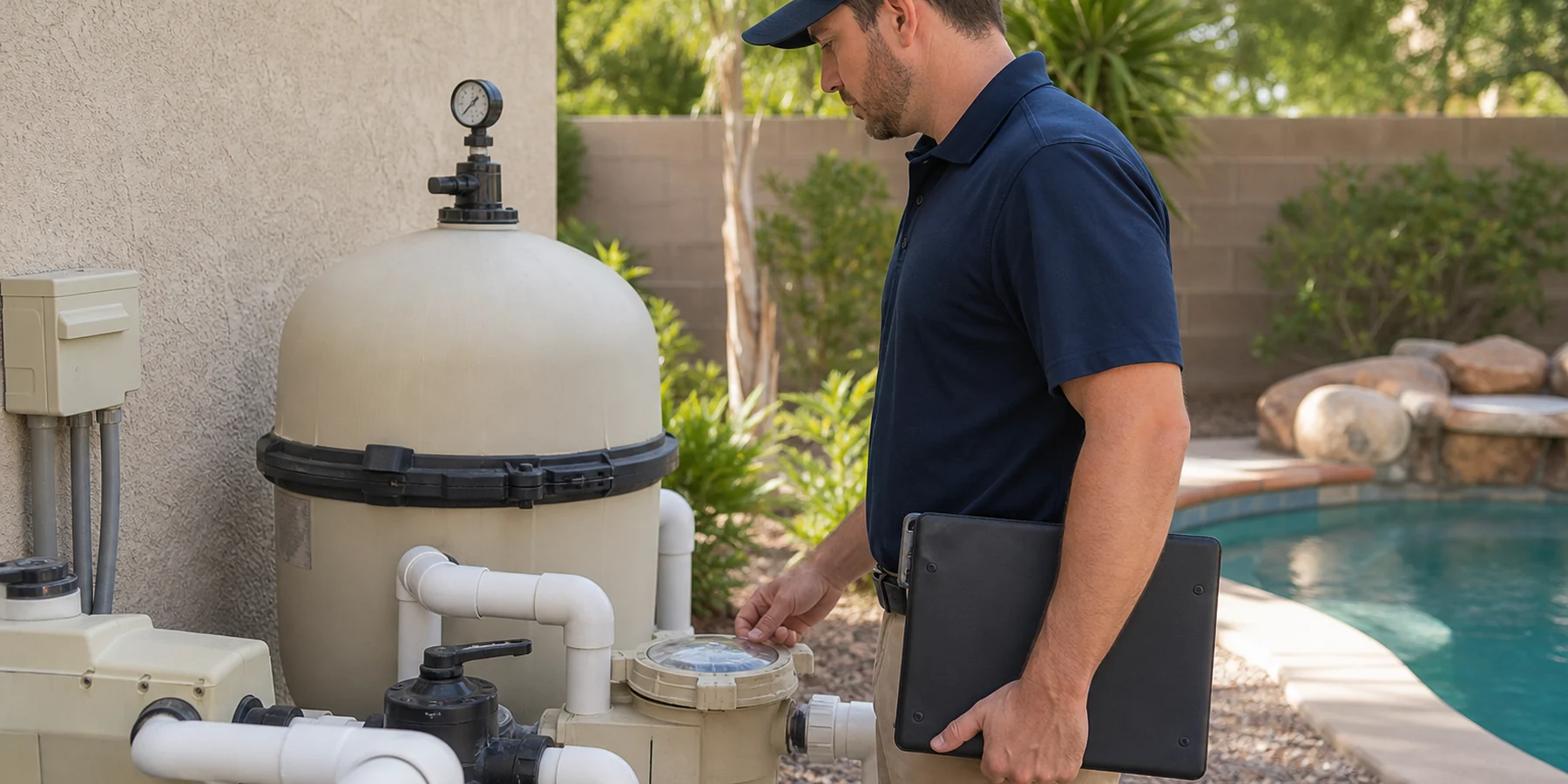 Three-part view of a technician cleaning a residential and commercial pool, collecting a water sample for testing, and observing an accessible pool equipment pad.
