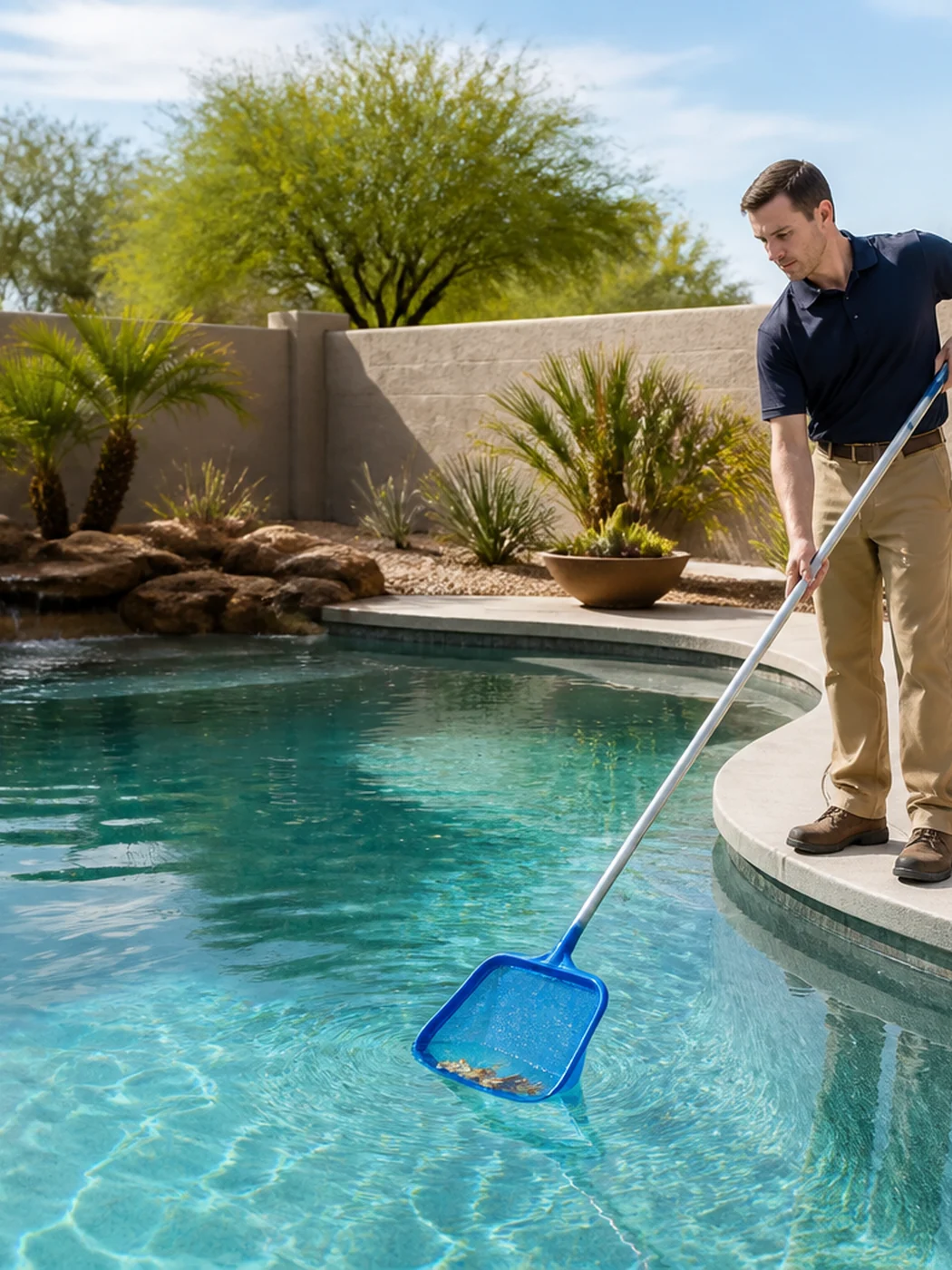 Overhead view of a freshly maintained Arizona residential and commercial pool and surrounding service area.