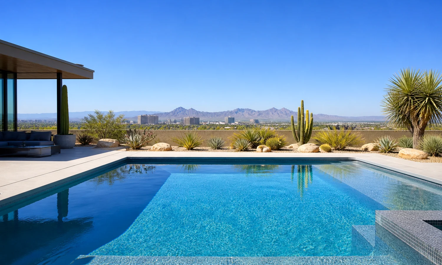 Sunny residential and commercial pool with landscaping exposed to typical Arizona outdoor conditions