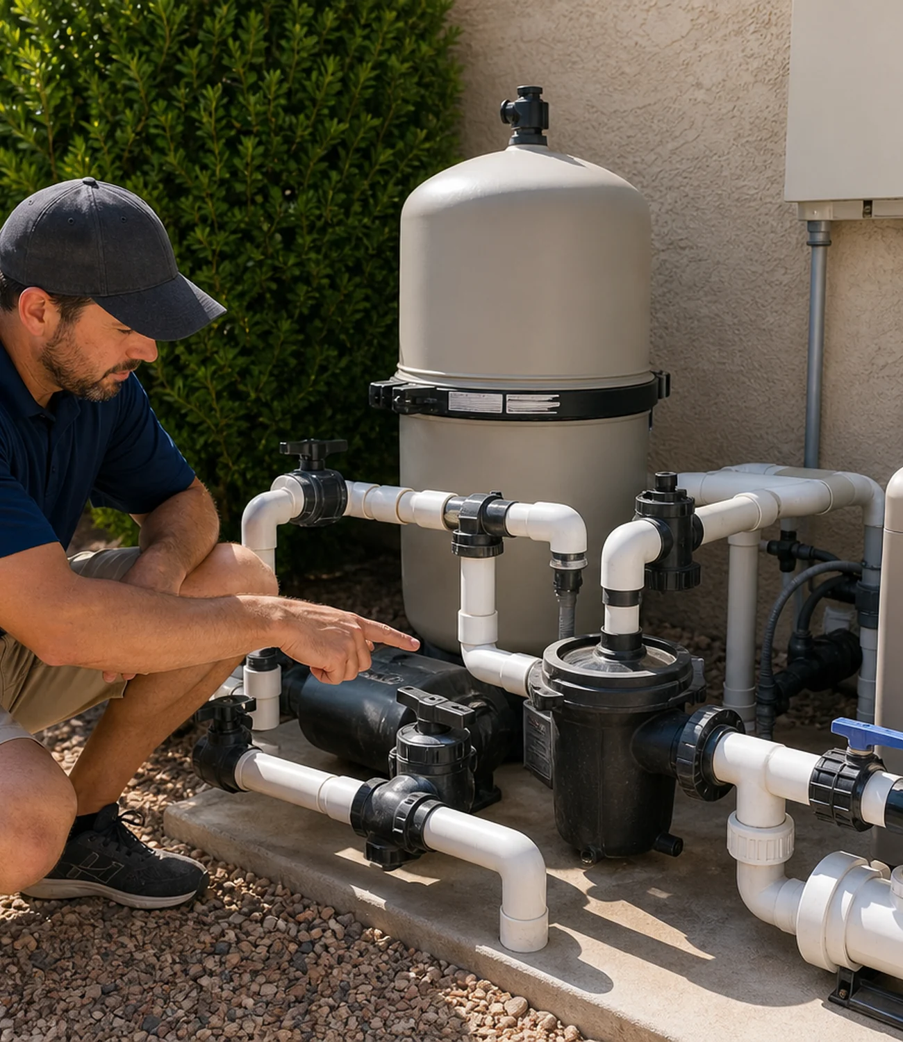 Exposed plumbing connections between a residential and commercial pool pump, filter, valves, and controls.