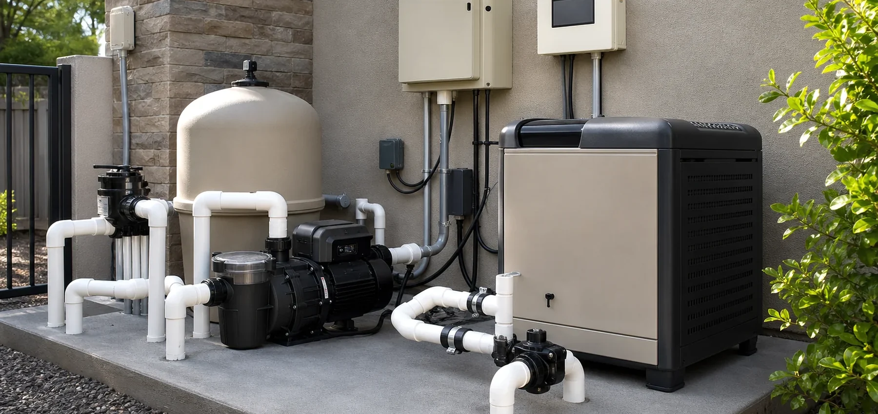 Wide view of a residential and commercial pool equipment pad showing pumps, filter, controls, valves, and exposed plumbing.