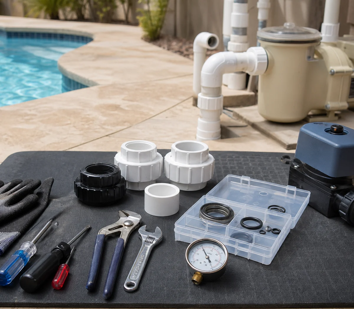 Close-up of accessible pool-equipment wiring, controls, plumbing, and service components.