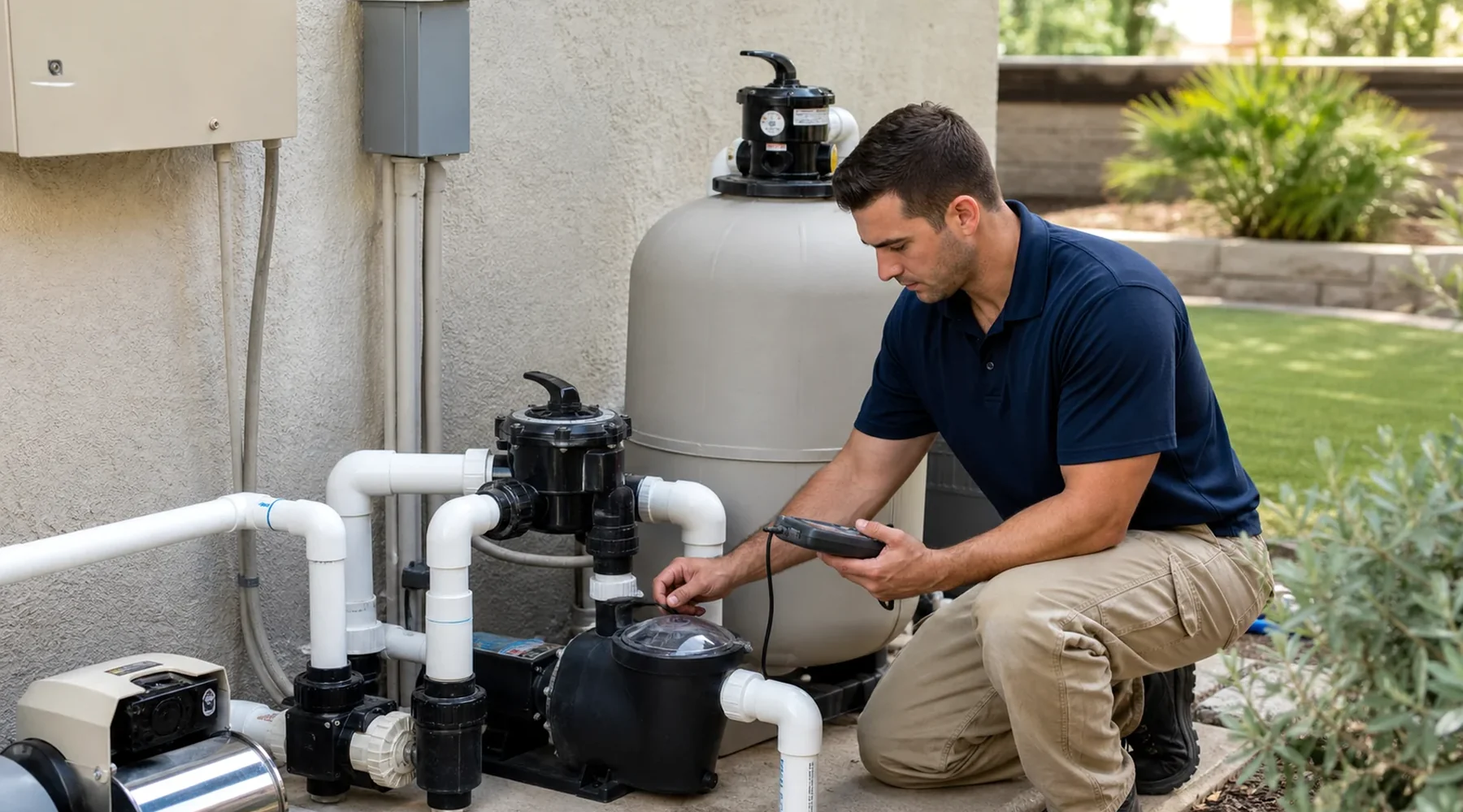Organized residential and commercial pool equipment pad with pump, filter, valves, plumbing, and controls visible.