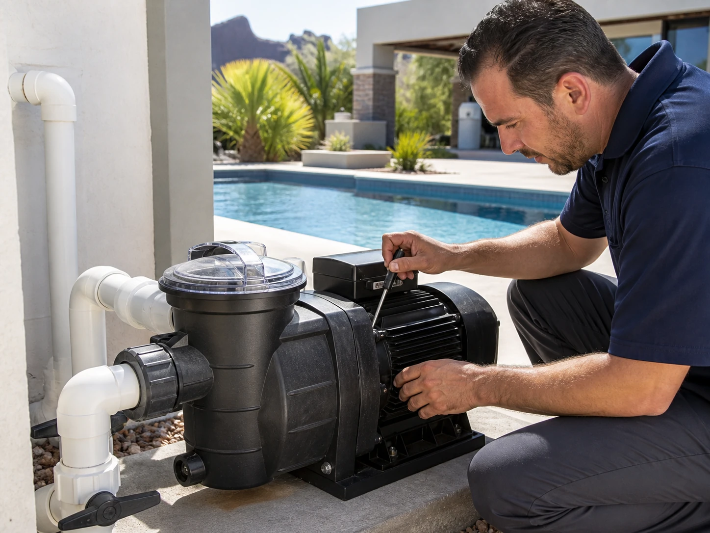Pool service technician diagnosing a modern pool pump, motor, valves, and connected plumbing.