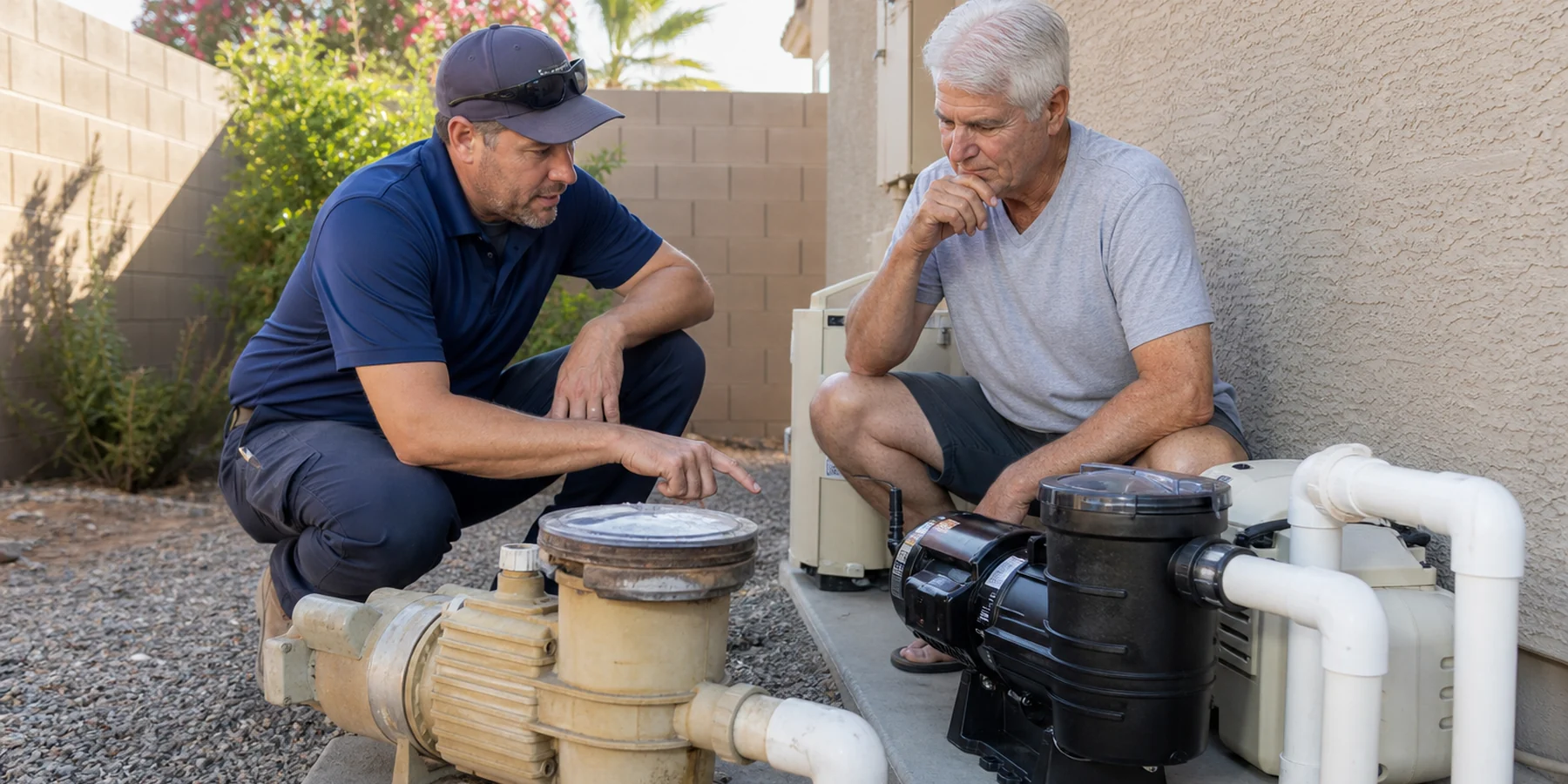 Worn residential and commercial pool equipment beside a completed equipment installation with organized plumbing and controls.