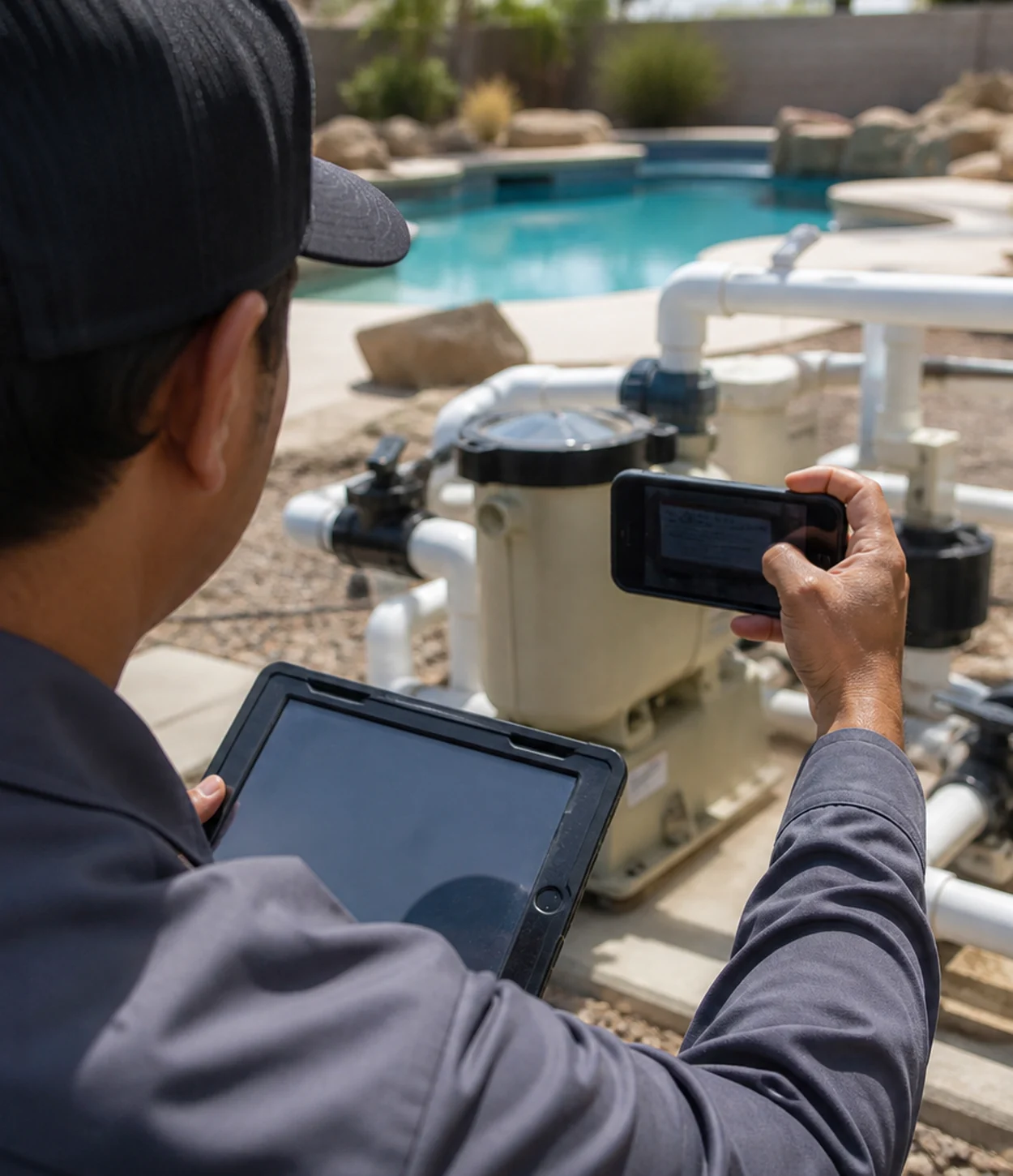Accessible residential and commercial pool equipment and plumbing documented during service.