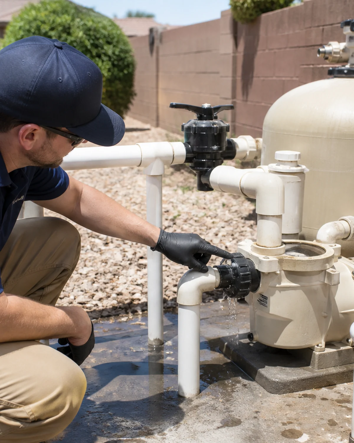 Close-up of residential and commercial pool equipment, valves, and exposed plumbing at an equipment pad.