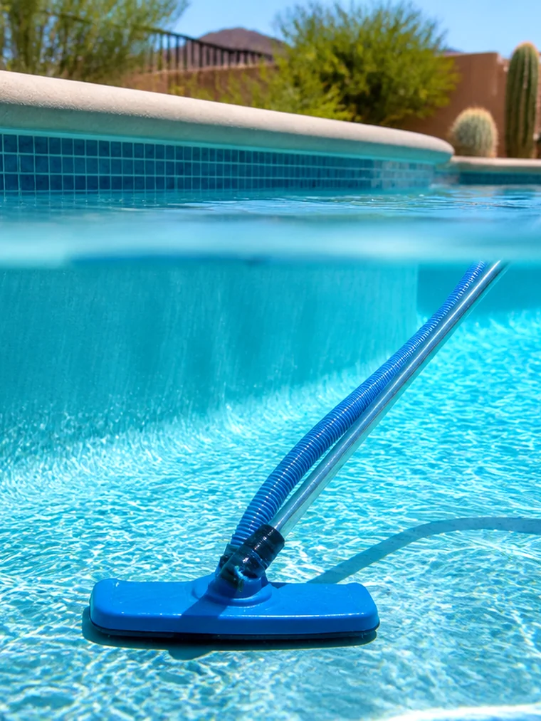 Pool technician brushing the steps and interior walls of a swimming pool.