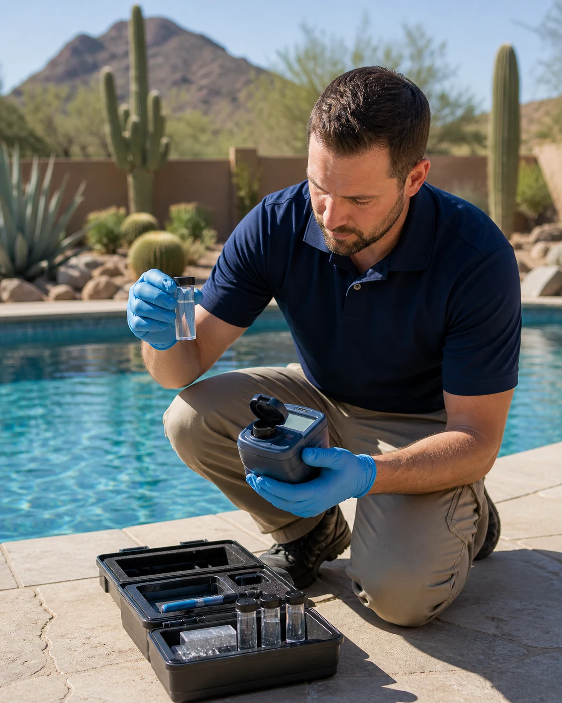 Pool technician using sample vials and a digital photometer for measured water testing.