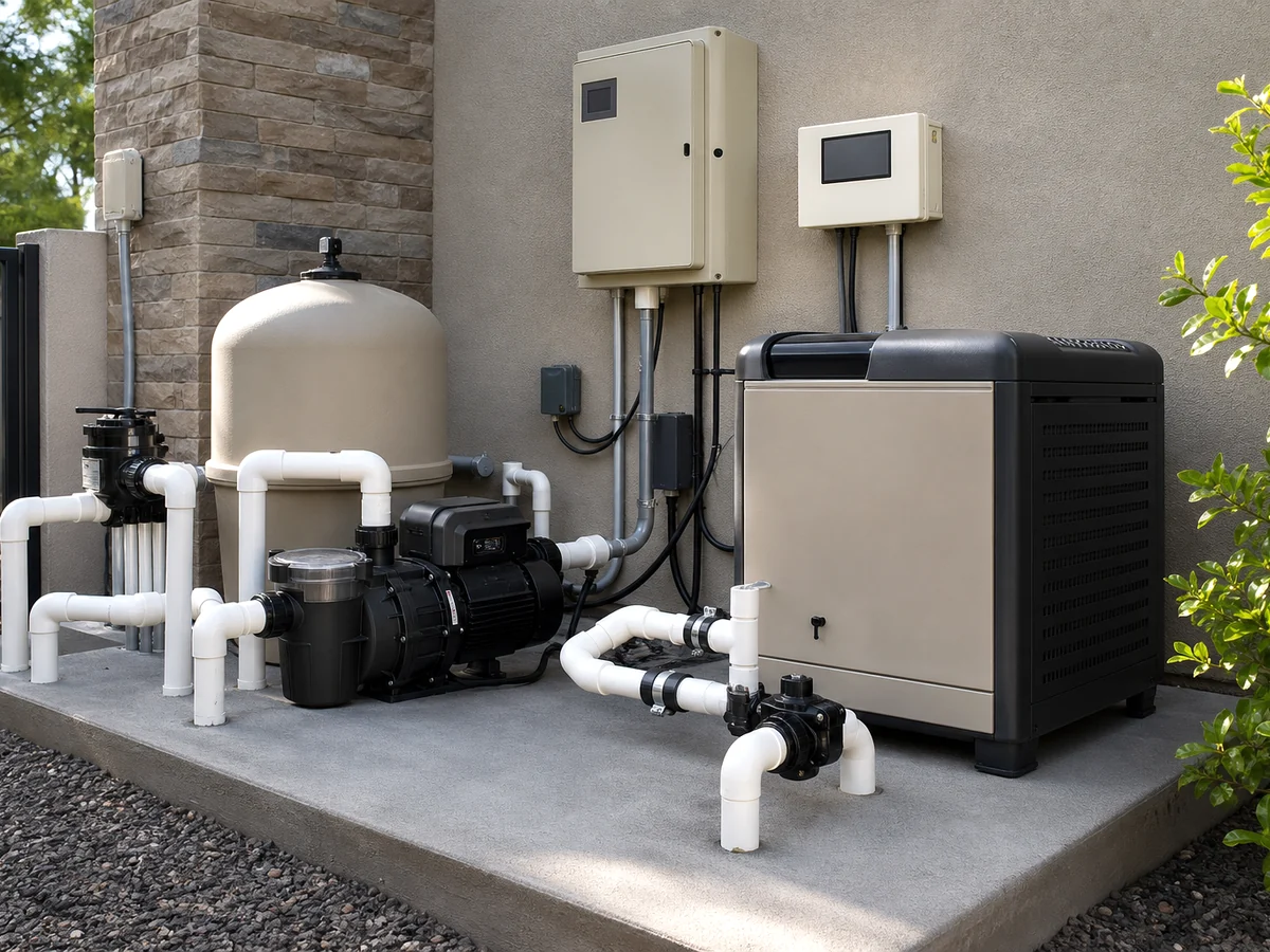 Organized residential and commercial pool equipment pad with pumps, filters, valves, plumbing, controls, and heating equipment visible.