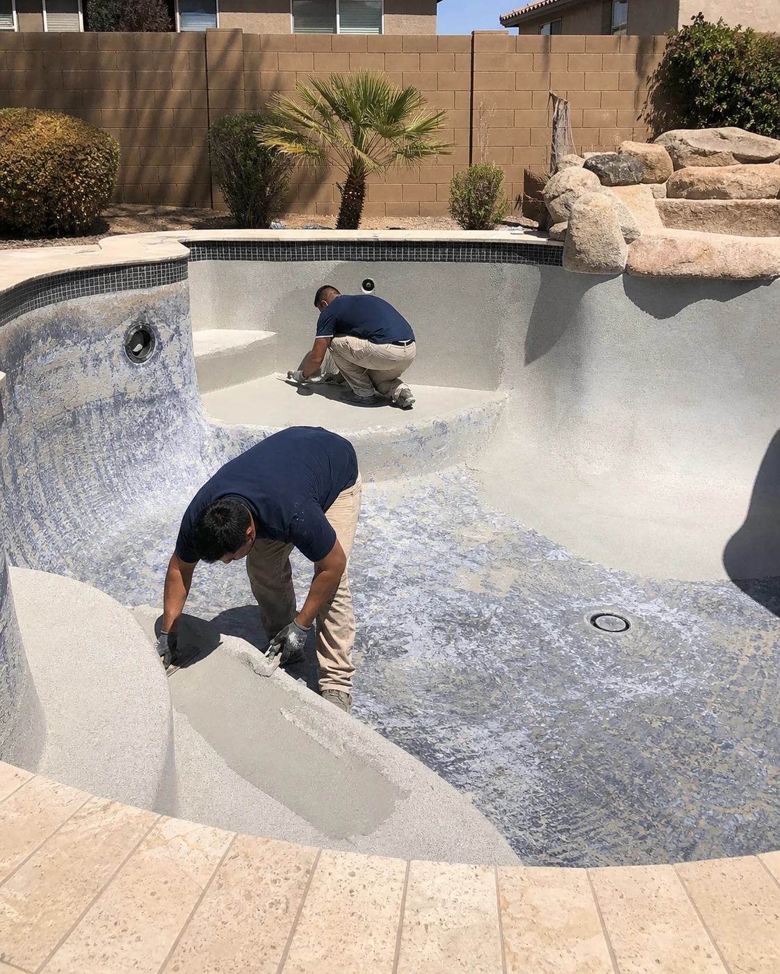 Pool restoration crew applying a new interior surface inside a drained Arizona pool.