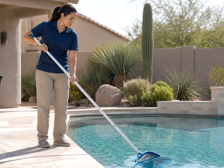 Clear Value Pools technician using a long service pole beside an Arizona residential and commercial pool during routine care.