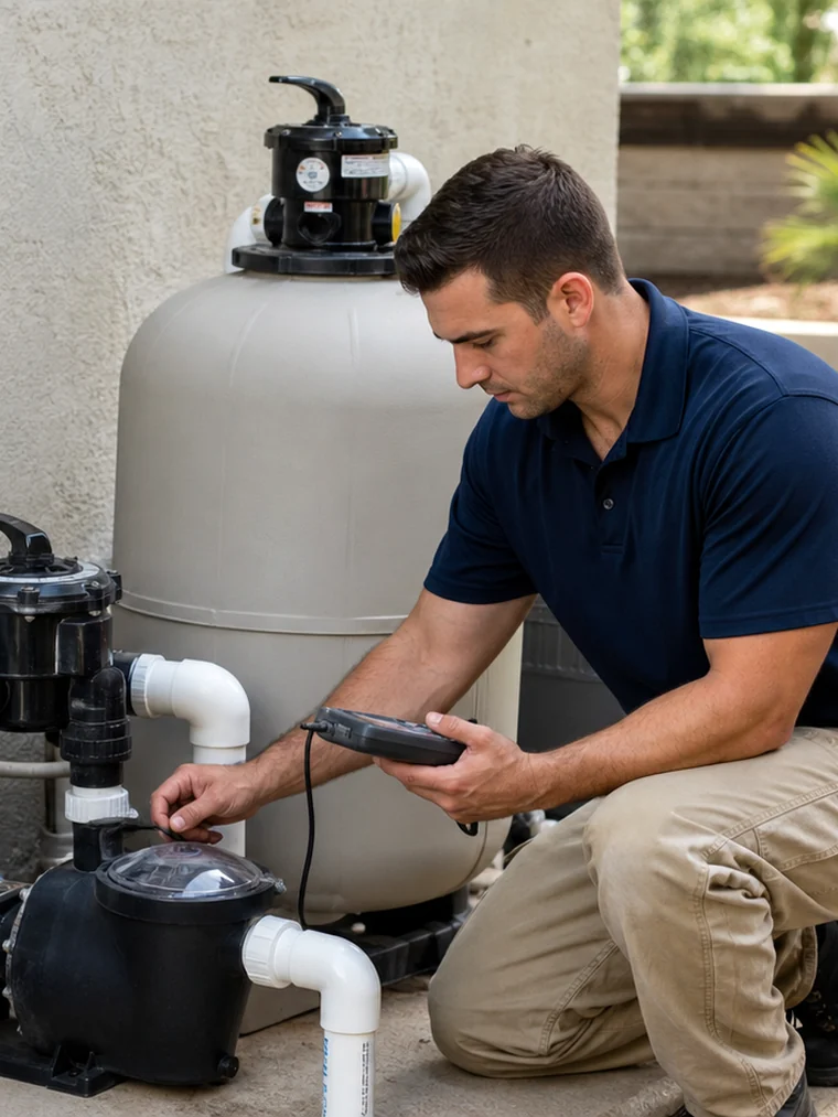 Licensed pool technician diagnosing pumps, valves, plumbing, and controls at a pool equipment pad.