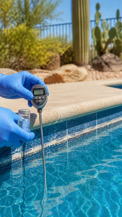 Gloved pool technician checking water temperature and a clear water sample beside a sun-exposed Arizona pool